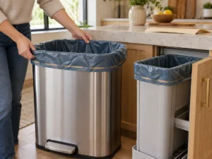 Hands checking cuff retention on two different 13-gallon kitchen bins