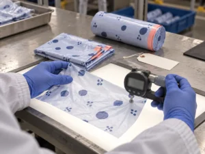 Quality-control inspection of small compostable drawstring bag film gauge