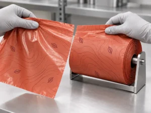 Easy-tear perforation on a compostable garbage bag roll