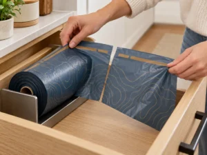Easy-tear perforation on a roll of heavy duty compostable trash bags