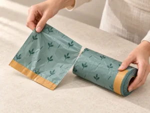 Easy-tear perforation separating a compostable drawstring bag from its roll