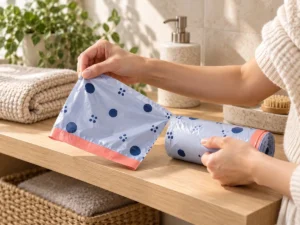 Easy-tear perforation separating a small compostable drawstring bag from its roll