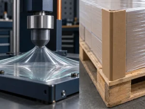 Stretch film puncture-risk test beside a protected pallet corner