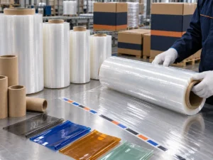 Core, tint, edge-print and pack-out quality control for custom stretch wrap