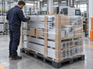 Protected aluminum extrusions and machine components wrapped for heavy manufacturing logistics