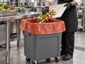 Heavy duty compostable garbage bag collecting food scraps in a commercial kitchen