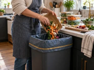 Heavy duty compostable trash bag collecting well-drained scraps in a home kitchen