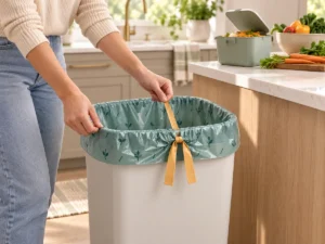 13 gallon compostable drawstring bag used in a residential kitchen organics bin