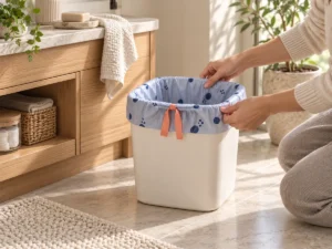Small compostable drawstring bag used in a residential powder-room bin