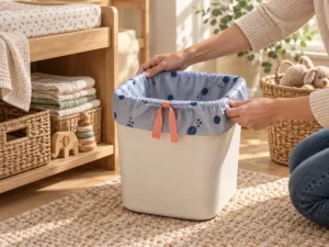 Small drawstring compostable liner fitted in a nursery and family-care room