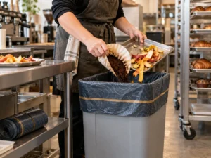 Compostable trash bag collecting coffee grounds and fruit peelings in a café bakery