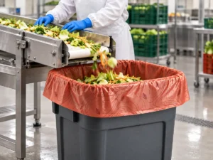 Compostable waste bag collecting produce trim at a food-processing line