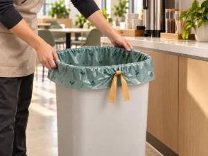 Large compostable drawstring bag used in an office break-room organics bin