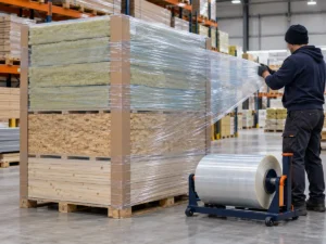 Wide clear stretch wrap applied to protected insulation and engineered timber panels