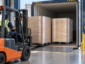 Clear-wrapped pallet and crate loads prepared for dry containerized cargo handling