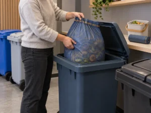 Supported compostable trash bag transfer in a multifamily organics collection room