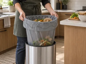 Careful removal of a partly filled 15-gallon compostable organics liner