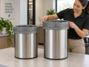 Checking standard and tall 15-gallon compostable bin liner fit on actual bins