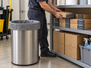 Facilities worker restocking wholesale packs of 15-gallon compostable bin liners