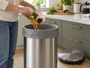 15-gallon compostable trash bag collecting vegetable scraps in home kitchen