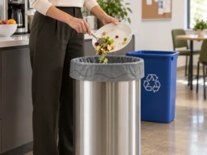 Compostable 15-gallon liner for office breakroom food scraps with separate recycling