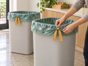 Compostable drawstring liners in a multifamily organics collection room