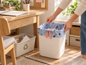 Small compostable drawstring bag used in a home office and craft room