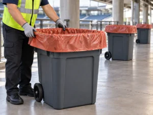 Heavy duty compostable trash bags prepared for stadium and event operations