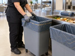 Heavy duty compostable bag used at a hospitality staff-canteen organics station