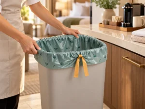 Large drawstring compostable bag used in a hospitality kitchenette