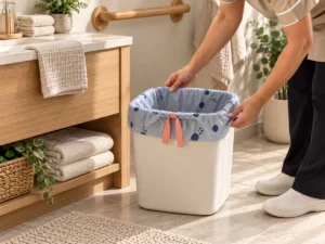 Small drawstring compostable bag used for light room waste in assisted living