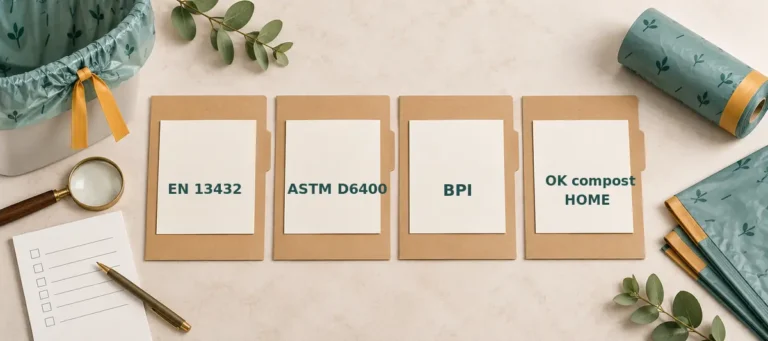 EN 13432 ASTM D6400 BPI and OK compost HOME document verification for a large drawstring bag