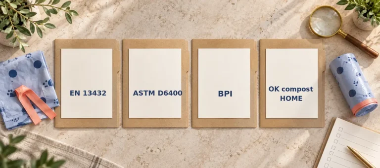 EN 13432 ASTM D6400 BPI and OK compost HOME document verification for a small drawstring bag
