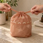 Hands closing a small compostable trash bag using the flat film drawstring