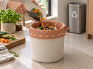 Small compostable drawstring liner collecting accepted kitchen food scraps