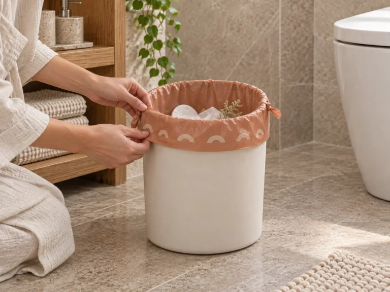 Hands fitting a terracotta 2.6-gallon drawstring compostable bag on a small bathroom bin