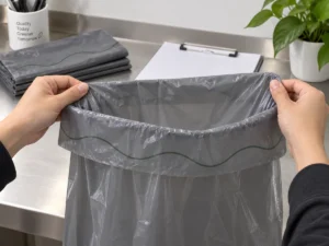 Inspecting flexible 15-gallon compostable bag film and printed rim sample