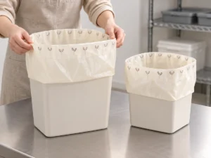Comparing compostable 4- and 6-gallon small bin liners on two compact wastebaskets
