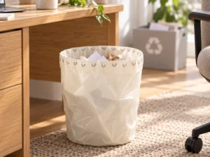 4-gallon compostable desk-side trash liner with separate recycling bin behind