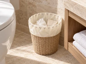 Small compostable trash bag lining a hotel bathroom bin for light dry waste
