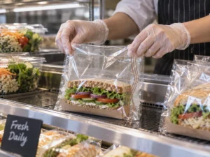 Chilled deli sandwich in clear compostable food bag with narrow terracotta print