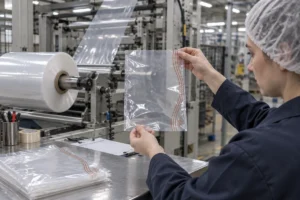 Illustrative quality-control review of clear food bag sample at film converting line