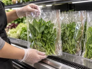 Fresh herbs in clear compostable food bags at chilled retail display