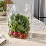 Clear anti-fog compostable food bag concept with leafy greens and terracotta edge print