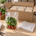 Wholesale carton with flat packs of clear compostable food bags and kraft sleeves