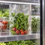 Chilled herbs visible through clear compostable food bag beside refrigerated case glass