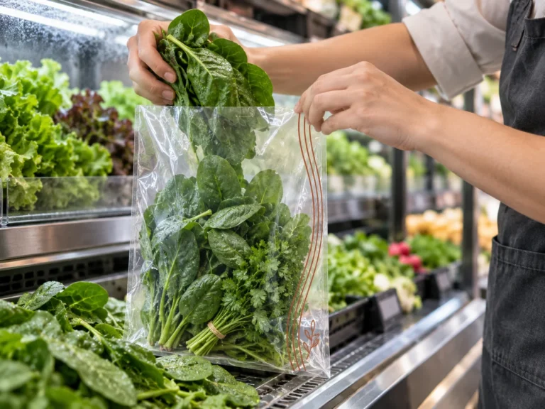 Retail worker filling a transparent anti-fog food bag with spinach at chilled produce display