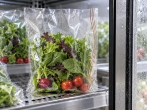 Clear anti-fog food bag with salad greens in refrigerated produce case