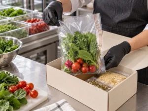 Meal-kit vegetables portioned in transparent anti-fog food bag inside kraft box