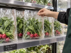 Clear anti-fog food bags with baby spinach and radishes in refrigerated produce display